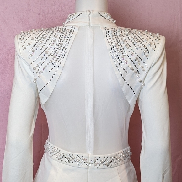 Banjul White Long Sleeve Mesh Insert Pearl Embellished Mini Dress Shoulder Large - Picture 6 of 10